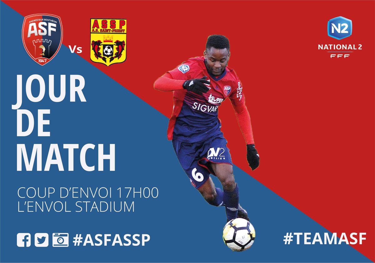 andrezieuxbthfc's tweet photo. ⚽️ #ASFASSP [JOUR DE MATCH] 
📆 Samedi 24 mars 
🕔 17h00
🏟 @L_Envol_Stadium
🥊 @assaintpriest
🎯 Vaincre👊🏼

#TeamASF 🔴🔵 #National2🏆 https://t.co/lSn7ppRlzd