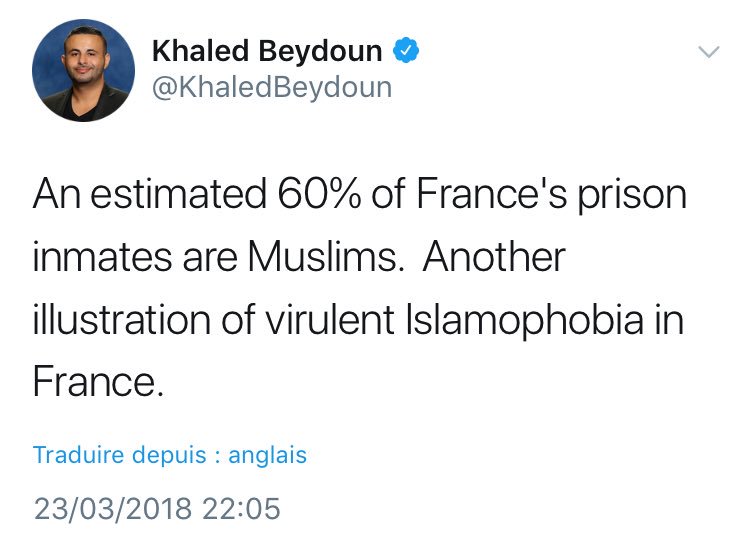 On the day of the terror attack in #Trèbes , in which 4 people were killed, it seems the best way to show solidarity for the victims is to post a made up stat with no source to paint Muslims as victims. Stay classy @KhaledBeydoun !