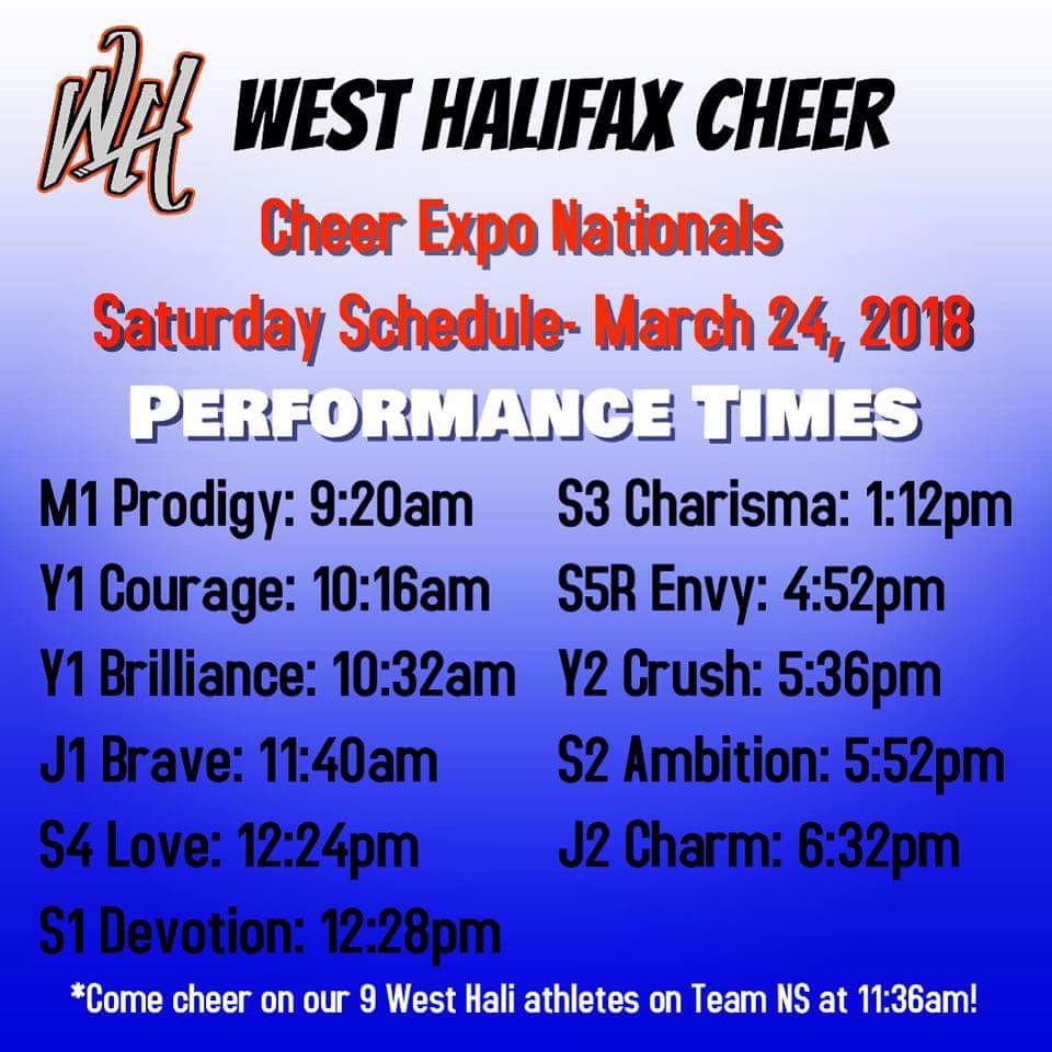 Cheer Expo day 1! West Hali teams perform at these times! Good luck to all teams!! 🍉💛