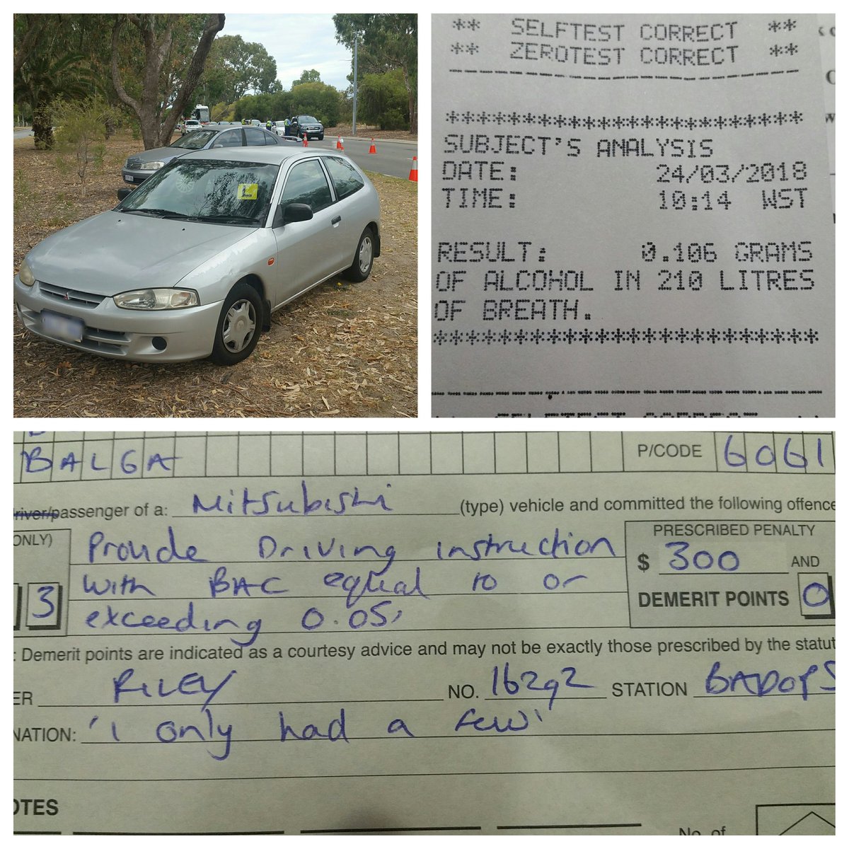 RoadPolicingWA's tweet photo. Male tested positive for alcohol, twice over the legal limit while supervising a learner driver this morning. "As a supervisor of a novice driver, you are subject to the same alcohol and drug driving provisions." #WATrafficPolice #WARoadSafe #DontDrinkAndDrive #BADBus4 https://t.co/iCDc5HcR6B