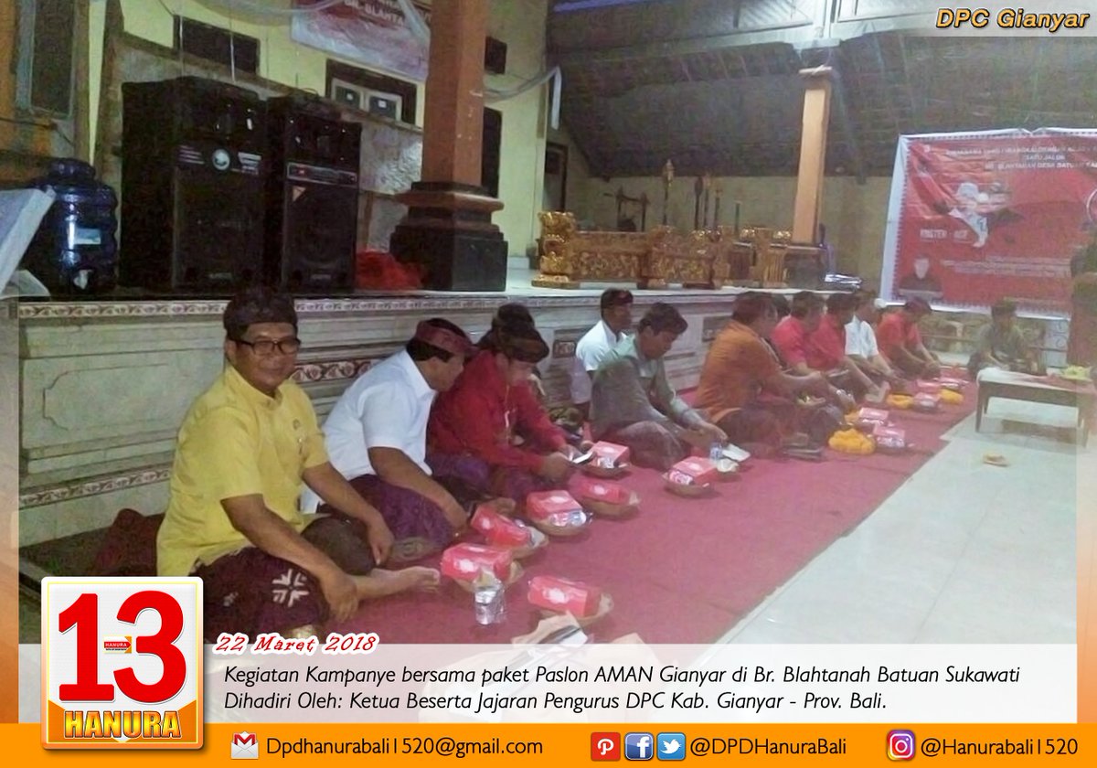 DPDHanuraBali's tweet photo. DPC Gianyar
Tgl. 22 Maret 2018
.
Kegiatan Kompanye bersama Paslon AMAN.
- Banjar Cangi Batuan Kaler Sukawati
- Banjar Blahtanah Batuan Sukawati
- Sakah Batuan Kaler Gianyar
- Kemenuh Sukawati Gianyar
.
#hanurabangkit
#Hanura #KBSACE #AMAN #Silaturahmi #MasyarakatBali #Gianyar https://t.co/1LuSHQFzjY