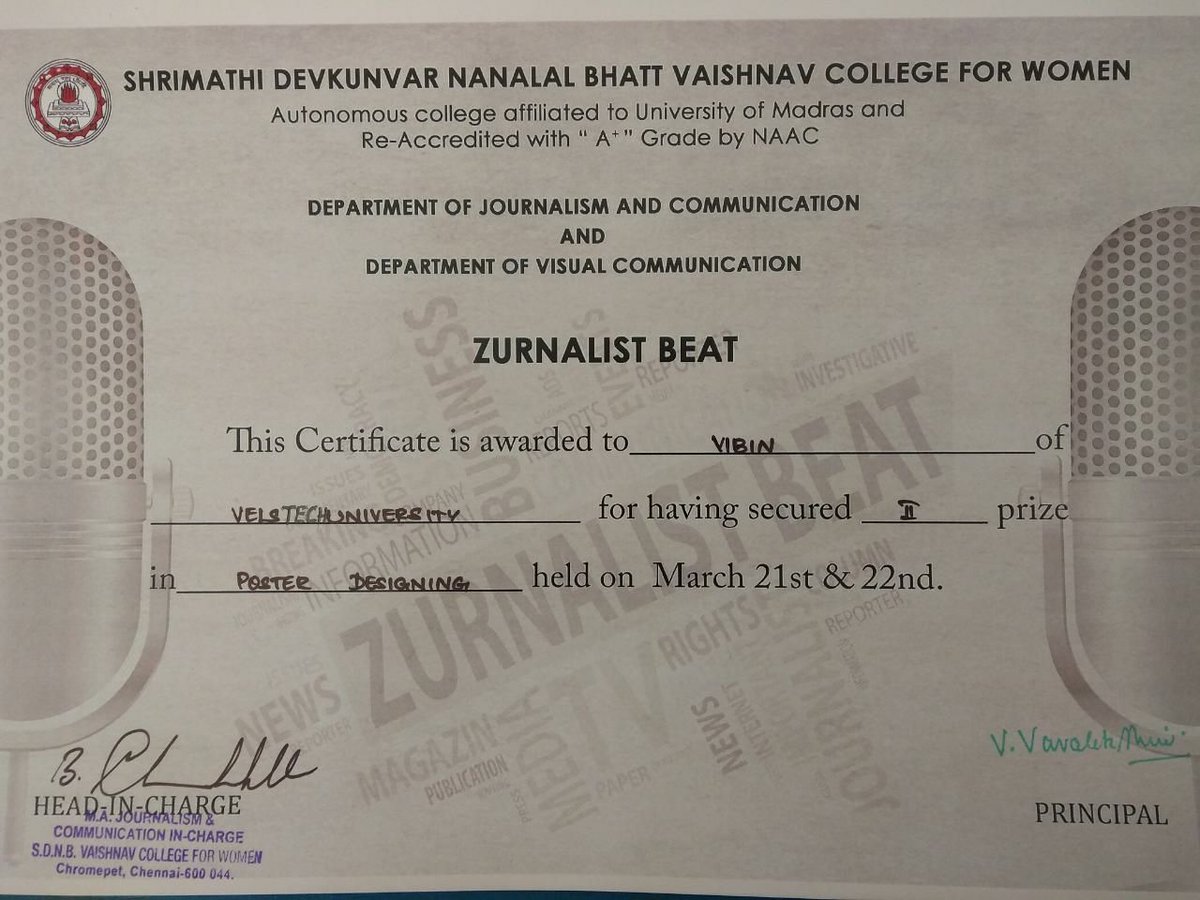 veltechofficial's tweet photo. Hearty Congrats to our Student Mr.Vibin #School_of_Media_Technology_and_Communication for securing second prize in #Poster_Designing at #Zurnalist_Beat
#Vel_Tech https://t.co/jO0cLXO9eY