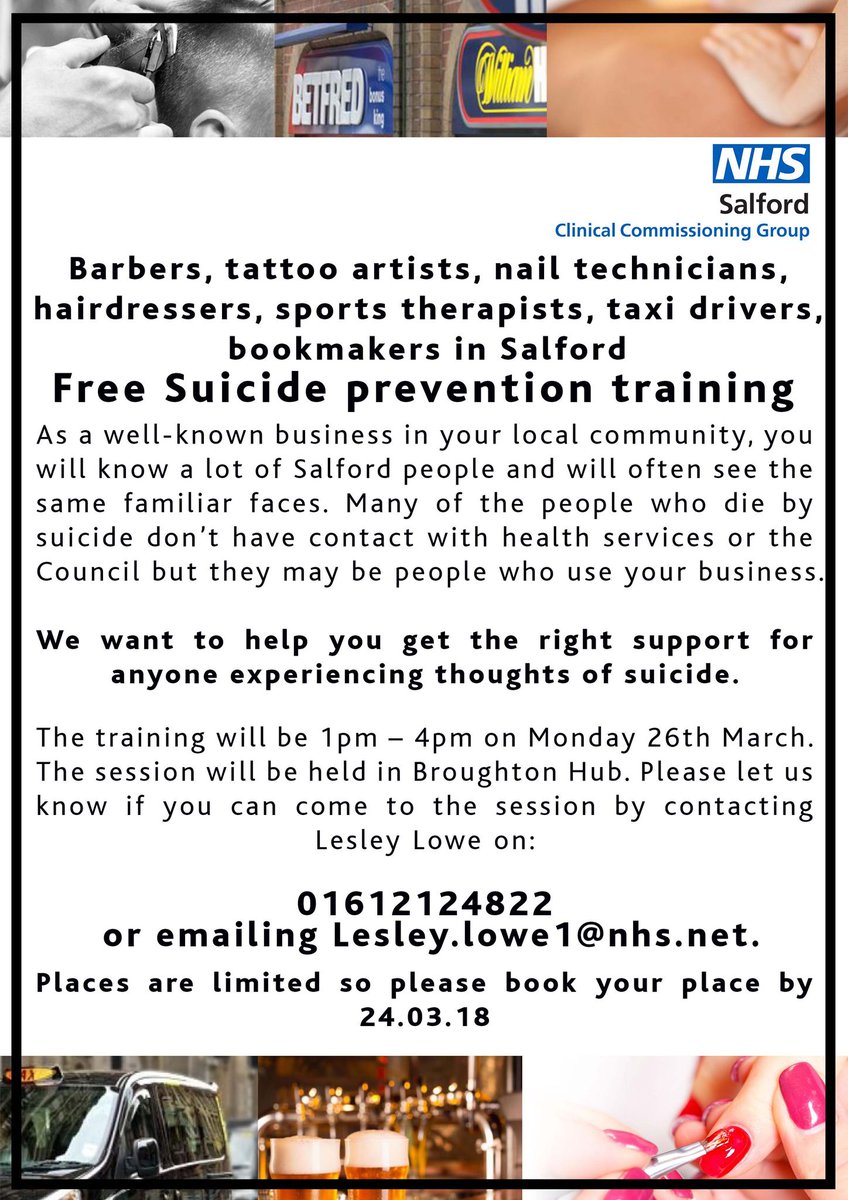 Suicide Prevention is everyone’s business. Community businesses in Salford are invited to a free training session around Suicide Prevention. <a href="/SalfordCouncil/">Salford City Council</a> @SalfordRoyalNHS @SalfordNews <a href="/VisitSalford/">Visit Salford</a> @SalfordDevils@SalfordCRadio  Please RT