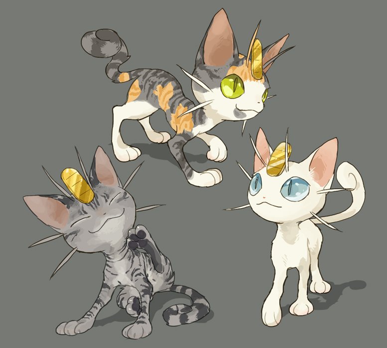 meowth no humans cat pokemon (creature) yellow sclera grey background closed mouth simple background  illustration images