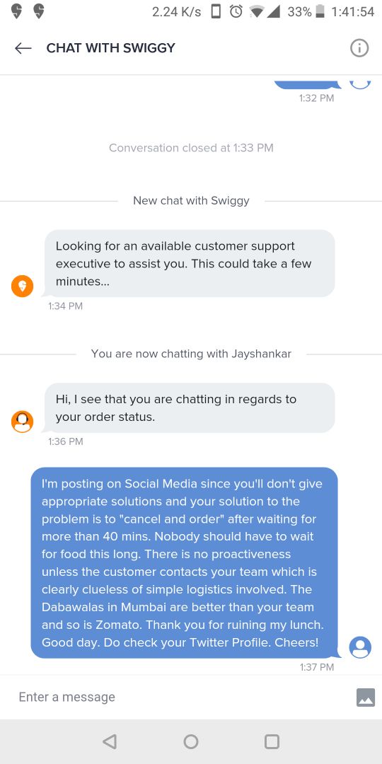Odell_Wizard's tweet photo. @swiggy_in  by far has the WORST customer service ever. 40 Mins and no order and then thet ask me to 'cancel' the order, that too after we had to contact them. No one should ever go hungry. @Zomato I will always choose you from now on. #NeverSwiggy https://t.co/1fJug13oBT