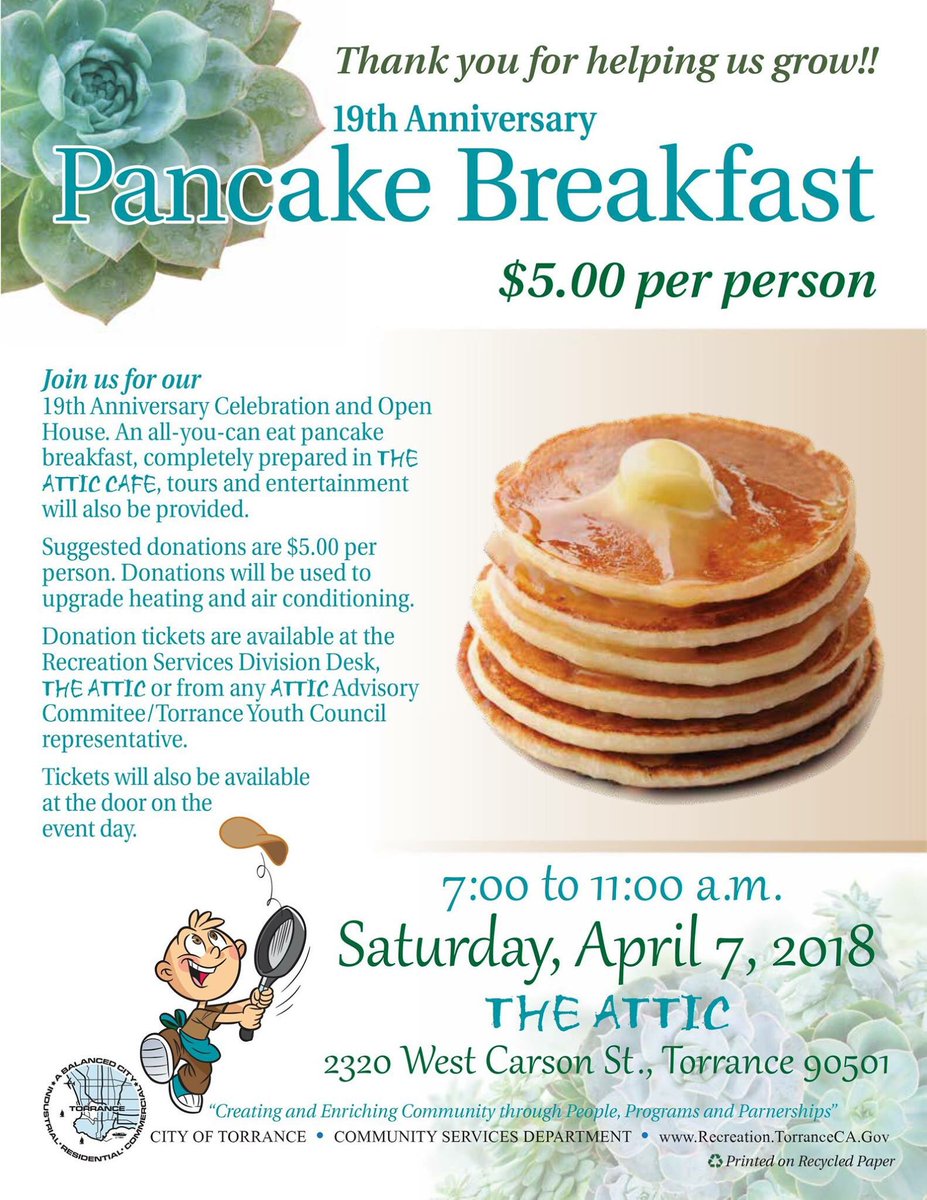 Celebrate THE ATTIC’S 19-year anniversary with an all-you-can-eat pancake breakfast completely prepared in THE ATTIC café.   

For more information, please call Recreation Services at (310) 618-2930.