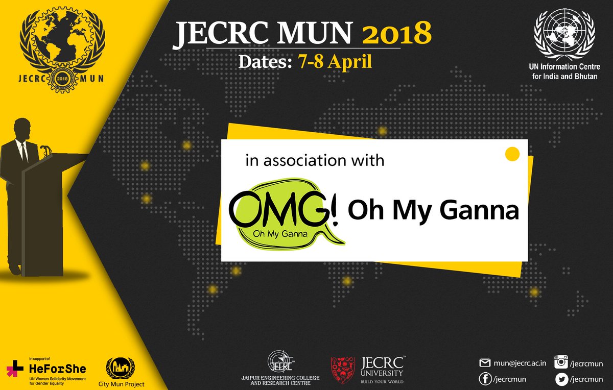 JECRC_MUN's tweet image. JECRC MUN&apos;18 is delighted to announce its Beverage Sponsor, OH MY GANNA (OMG!) !

jecrcmun.co.in
For further queries contact,
Chetan Rajoria(DSG) : +91-8952884012 
Sarabjot Singh(OCP) : +91-75979 06090
Express and ignite.
#JecrcMun #UniteToDebate #HeForShe #CityMun #UNIC