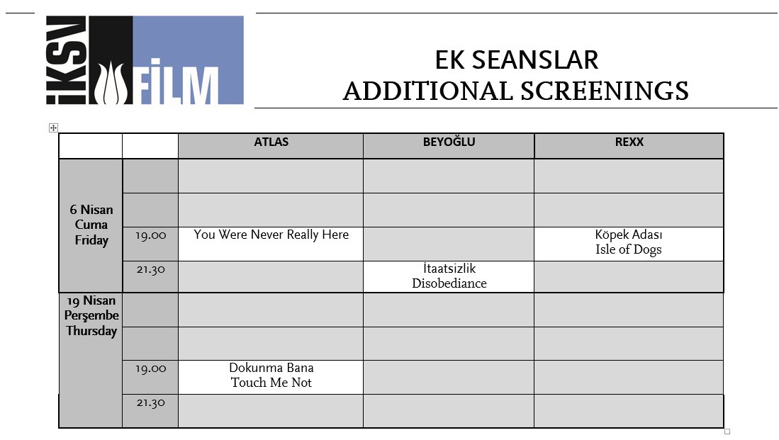 Yoğun talep üzerine aşağıdaki filmlere ek gösterim konmuştur. Biletler Atlas, Rexx ve <a href="/Biletix/">Biletix</a> satış kanallarında: goo.gl/aGZFqh
#istfilmfest #vodafonered