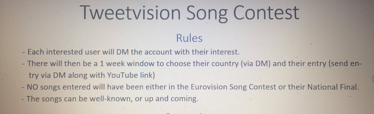 TweetvisionSong's tweet photo. Here’s rules, details, scenarios etc. 

The scoring system will be the Eurovision System (1,2,3,4,5,6,7,8,10,12) 

#TweetvisionSongContest https://t.co/bFl59Rvjj9