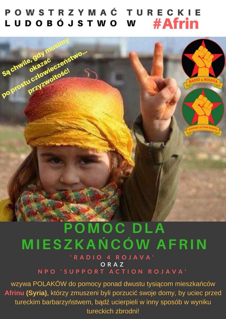 Radio4Rojava's tweet photo. If any of you have friends in Poland, please let them know that they can support our campaign for #Afrin refugees. Send them this leaflet! #PomocDlaAfrin #HelpAfrin #Radio4Rojava #SupportActionRojava https://t.co/z5AIKnvOxC