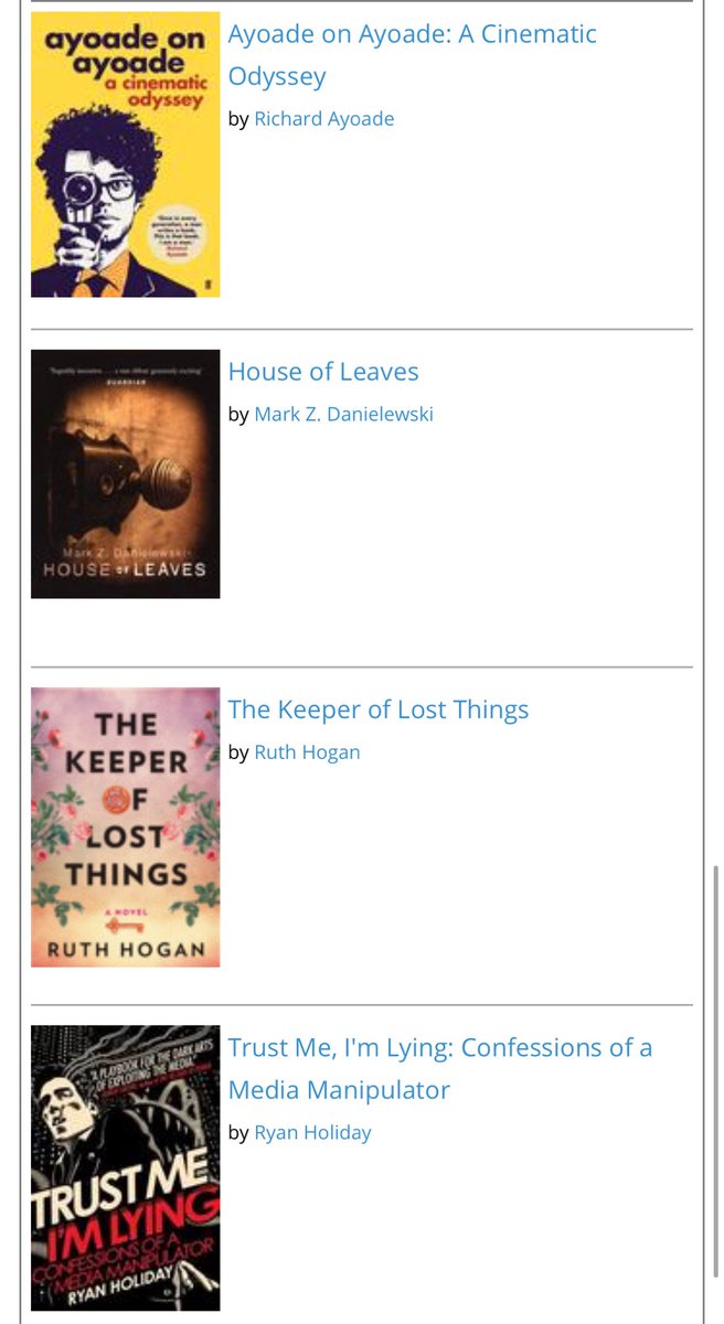 TwitBookClub's tweet photo. Our April Selections: Ayoade on Ayoade, House of Leaves, Keeper of Lost Things &amp; Trust Me I’m Lying. Which one would you like to read? Which one have you read? #booksdxb #reading https://t.co/NVLVBC5eN2