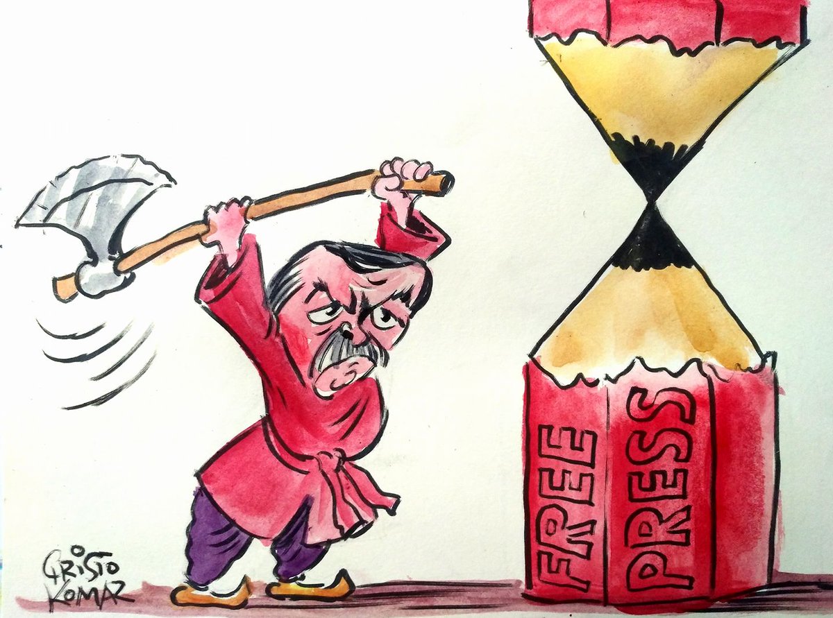 AEJBulgaria's tweet photo. A great cartoon by Bulgarian artist @Christo_Komar. Solidarity with jailed Turkish journalists. 

#JournalistsNotTerrorists #FreeThePress #SpeakWithTheirVoice #EUTakeAction #AEJ #EUTurkeySummit #Varna #Turkey #Bulgaria https://t.co/KxYui87J3C