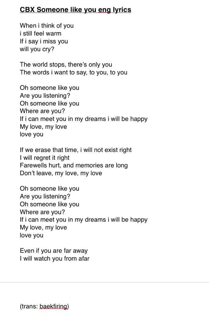 Cbx Someone Like You Eng Lyrics If I Can Meet You In My Dreams I Will Be Happy My Love My Love ㅠㅠㅠㅠㅠㅠㅠㅠㅠㅠㅠㅠㅠㅠㅠ Cbx Someonelikeyou Weareoneexo T Co I2xm1caear
