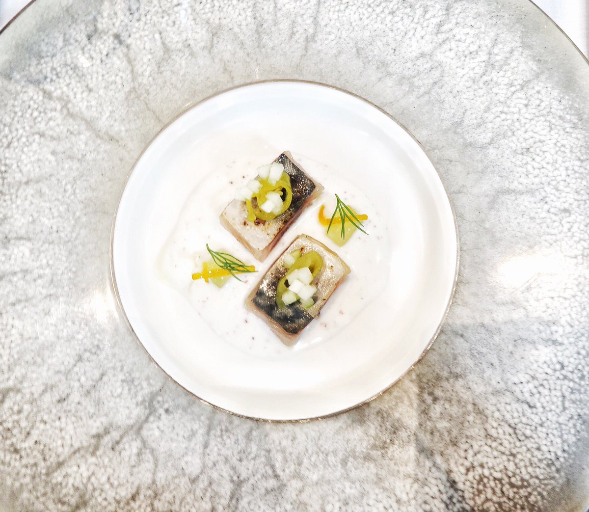 Caballa marinada, yougrt de cabra especiado y #AOVE royal, pepino encurtido y aromáticos <a href="/Alicun_rest/">Alicún Restaurante</a> <a href="/GastroUbeda/">Gastro Renacimiento</a> <a href="/Pedhervas/">Pedro Hervás</a> <a href="/PalaciodeUbeda/">Hotel Palacio de Úbeda 5GL</a>