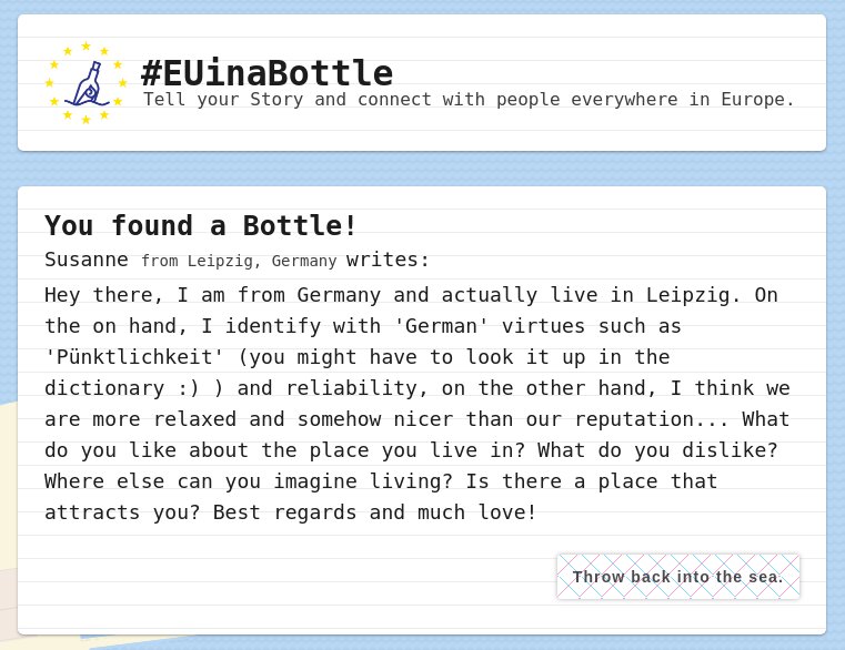 EUinaBottle's tweet photo. Bottle of the day!
Tell your own story => https://t.co/qrjJyYL8Aw
#euhack #europe #eu https://t.co/wVgIevkr2y