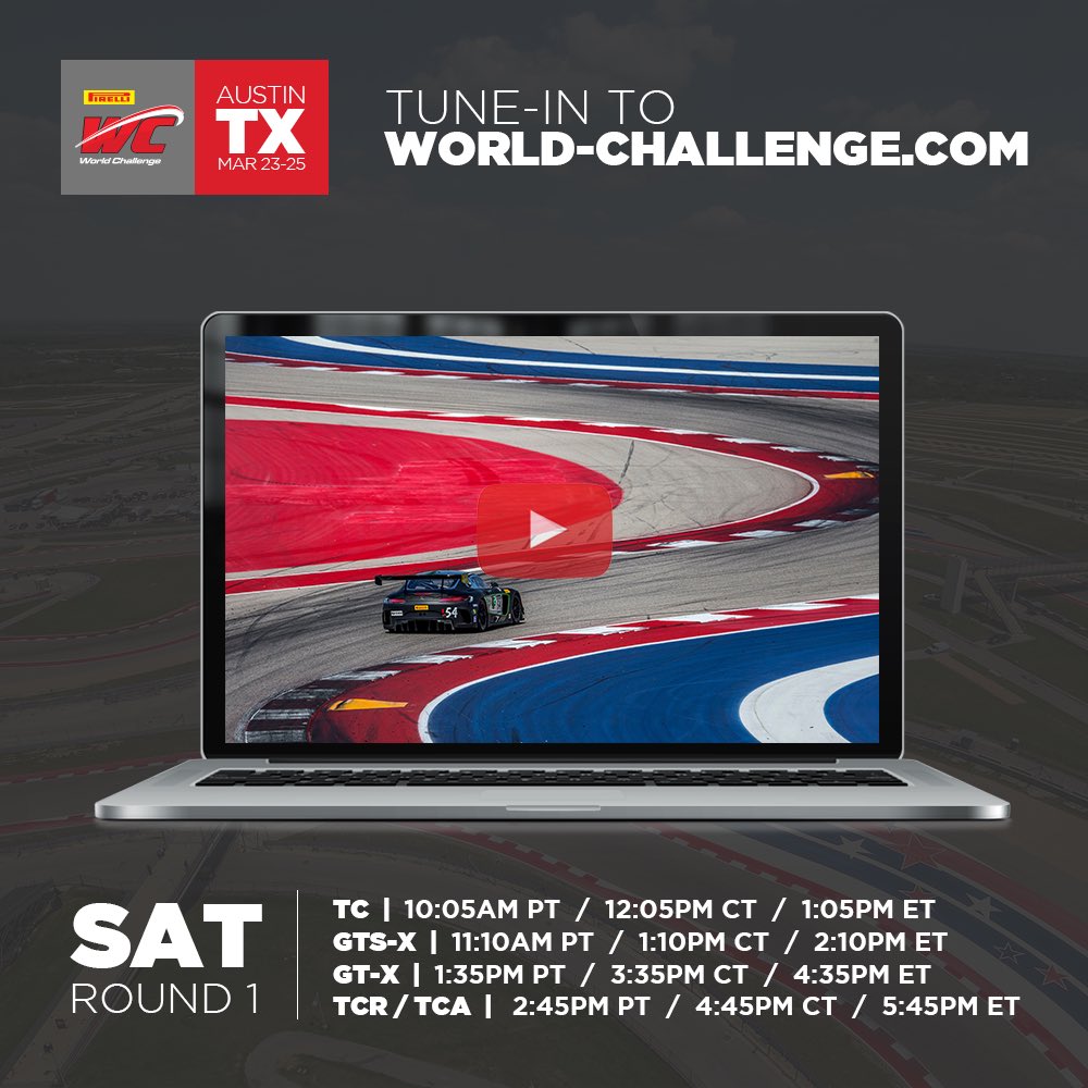 Tune-In Alert: Today each of our classes will be taking the stage for Race 1. Follow all of the action live from <a href="/COTA/">Circuit of The Americas</a>. #PWCCOTA

📺: stream.world-challenge.com
⏱: lt-us.tsl-timing.com/181206