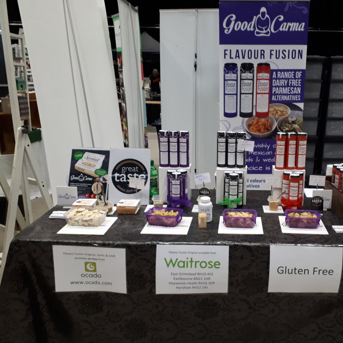 We are all set up on Stand B7 @vegfestuk #Brighton. Come and see us for 10% discount across our range! #Vegancheese #VegfestUk #GoodCarmaFoods #Crueltyfree #Wales #Freefromfoodawards #GreatTasteAwards #Plantbasedfood #Veganevents #Food 🧀☺💚
