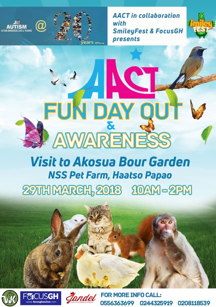 focusghonline's tweet photo. Autism Awareness Care &amp; Training presents

FUN DAY OUT &amp; AWARENESS
- Visit to Akosua Bour Garden(NSS Pet farm), Haatso Papao.
29 March  // 10am - 2pm

#EmbracingPossibilities
#AutismAwareness
#AACTat20

Supported by @WKonsult @SmileyFestGH @Jandelltd @FocusGhOnline #FocusGhEvents https://t.co/8Zn6AXfNyg