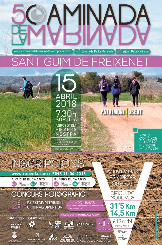 CamDeLaMarinada's tweet photo. Cartell de la 5a Caminada de la Marinada (15 d'abril de 2018)! Una bonica oportunitat per conèixer la #Segarra tot fent #senderisme en familia, per #SantGuimdeFreixenet https://t.co/i5EqSqmHZo