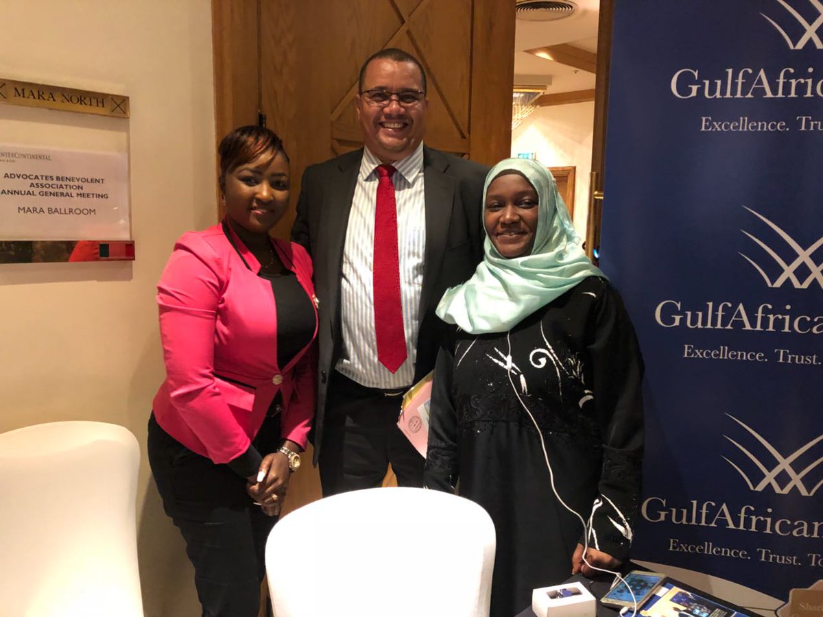 GulfAfricanBank's tweet photo. Gulf African Bank's Razia Khan, Wendy and Zarina with @lawsocietykenya President @AllenGichuhi at the #LSKConference. Lawyers can place short term deposits on tenures of 7, 10, 21 days together with the normal 30, 60, 90, 180 and 365 day deposits at GAB! https://t.co/QIhx04uM6d