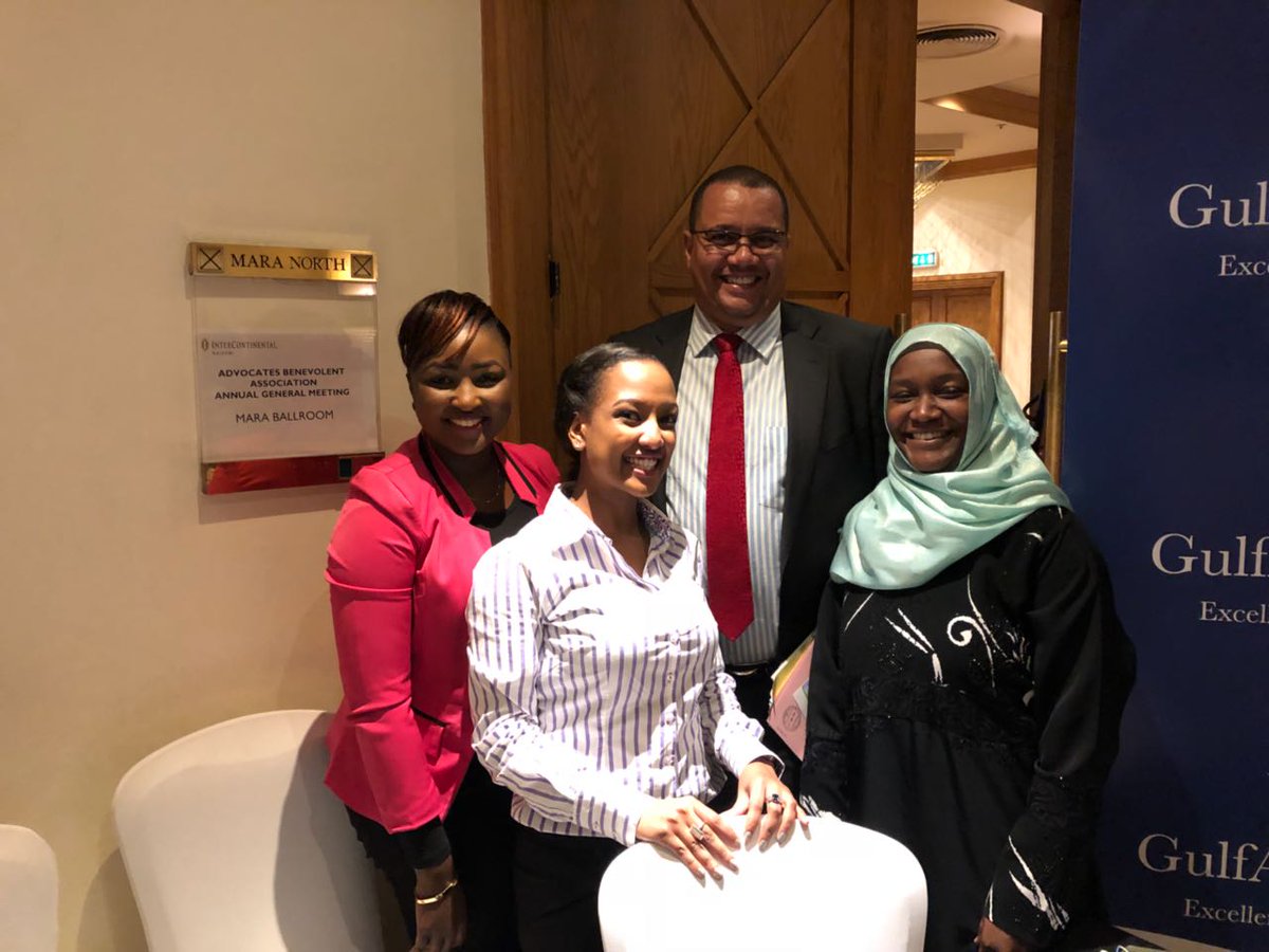 GulfAfricanBank's tweet photo. Gulf African Bank's Razia Khan, Wendy and Zarina with @lawsocietykenya President @AllenGichuhi at the #LSKConference. Lawyers can place short term deposits on tenures of 7, 10, 21 days together with the normal 30, 60, 90, 180 and 365 day deposits at GAB! https://t.co/QIhx04uM6d