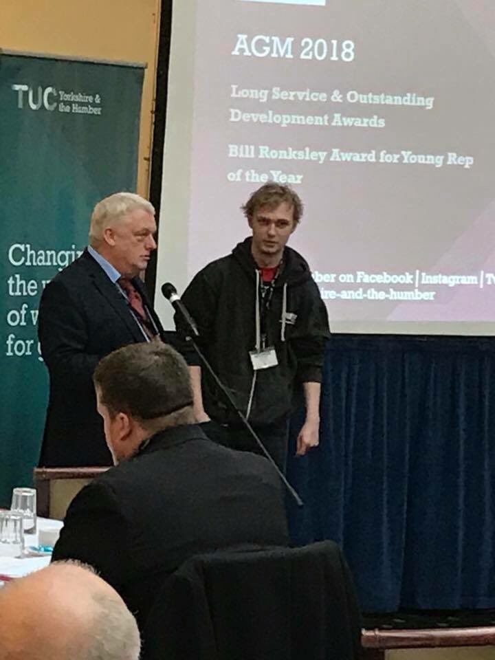 Unite_Community's tweet photo. Great to see @Unite_Community activist Daragh O'Neill winning Young Rep of the Year award at @TUCYorksHumber conference in Harrogate today. https://t.co/bGUrk2BJvv