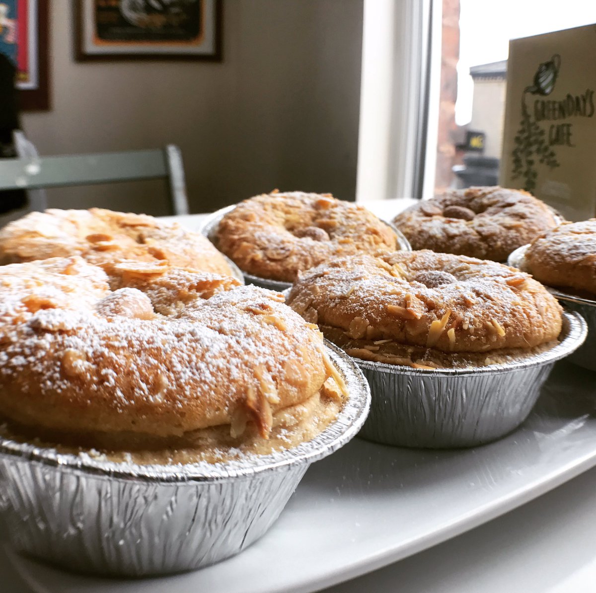 greendaysLIV's tweet photo. To make sure you get you bakewell fix this weekend we have baked extra individual tarts for you to take home😽 your welcome! #veganbaking #vegancake #veganbakewell #bakewell #veganjunk #greendays #greendayscafe https://t.co/UwtOlG0qfW