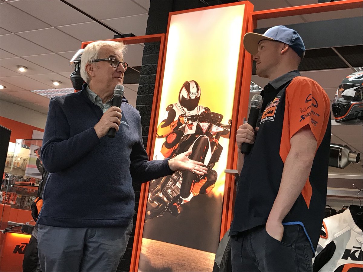 KTM_UK's tweet photo. He’s here! @BradleySmith38 rocks up to @Premierbikesktm for a Q&amp;A session. 
#KTM #DealerVisit #ReadyToRace https://t.co/7qPFtijF6z