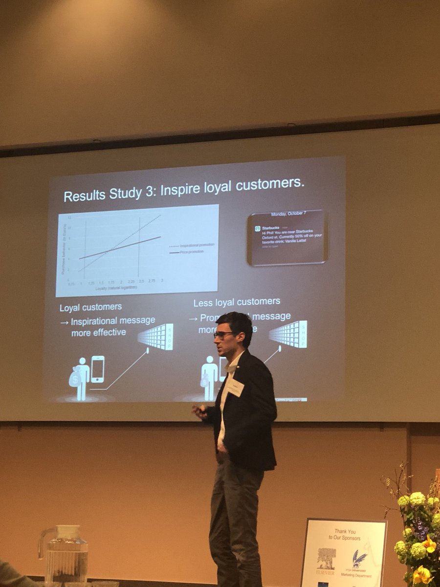 RaVoKue's tweet photo. Stefan Bernritter from Univerdity of Amsterdam shows that Inspirational messages work better for loyal customers in location based targeting while promotional messages work better for occasional shoppers. #2018IMRC https://t.co/7zgUmbuD2Q