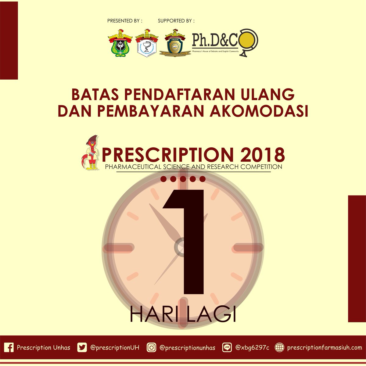 assalamualaikum wr.wb
Hi sahabat prescription

Terima kasih telah berpartisipasi dalam Lomba Prescription 2018

Kami mengingatkan bahwa PENDAFTARAN ULANG DAN PENBAYARAN BIAYA AKOMODASI TERSISA 1 HARI LAGI