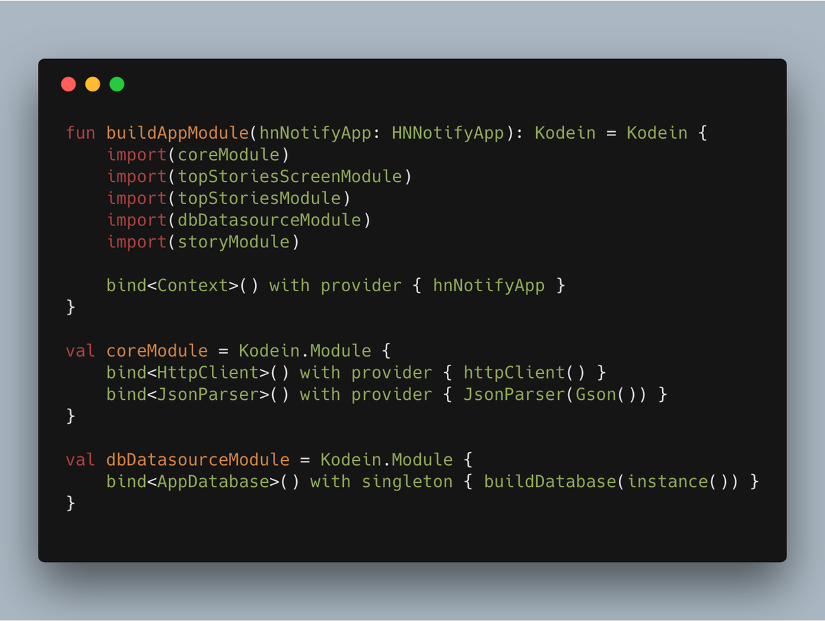 DanielDiSu's tweet image. Each module declare it's own dependencies that will be added to the dependency container, with no annotation processing, almost negligible performance impact and palatable boilerplate. #kotlin #kodein