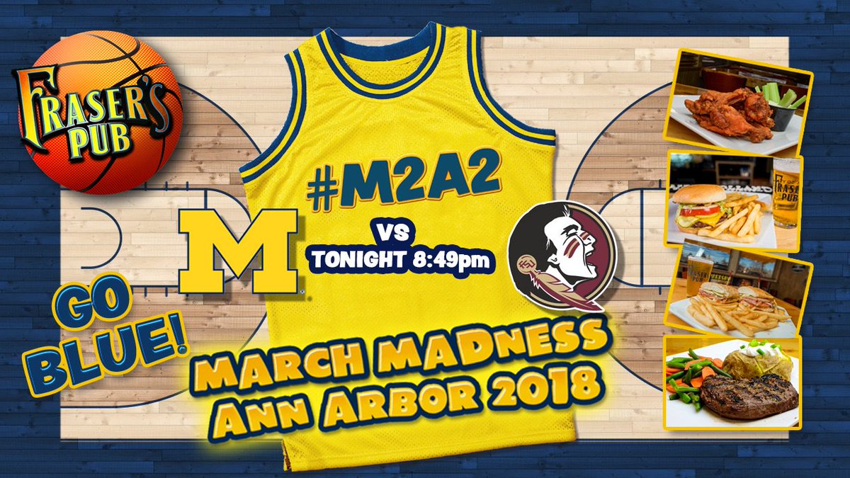 fraserspubAA's tweet photo. Get your #MAZEandBLUE out #AnnAbor because it #Gameday!!! Our #Wolverines and FSU will fight it out tonight in the Elite 8 matchup of the #NCAATournament. Its #Burger, Beers, &amp; Basketball tonight at Frasers Pub. #GOBLUE #M2A2 https://t.co/mL0UHjfoAM