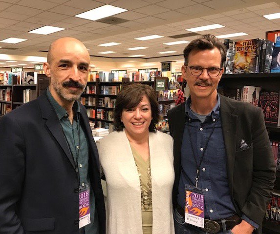 almakatsu's tweet photo. Great panel yesterday at #VAbook with @NB_Chris and Jesus Carrasco with a different view on dystopians. Wonderful audience, so engaged. https://t.co/FR16SqqVIE