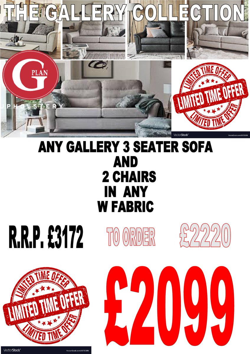 THE NEW GPLAN GALLERY COLLECTION HAS ARRIVED INSTORE DONT MISS THIS AMAZING LIMITED OFFERANY 3 SEATER SOFA AND 2 CHAIRS IN THE GALLERY COLLECTION IN ANY W FABRIC R.R.P £3172LIMTED OFFER PRICE ONLY £2099