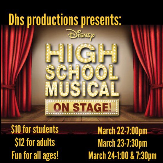NateWilda's tweet photo. Final day... don't miss out on #dhsproductions performance of Disney's #HighSchoolMusical
If you miss it you 'might regret it for the rest of your life' #justsayin ๐ https://t.co/cTu2hRXf2K