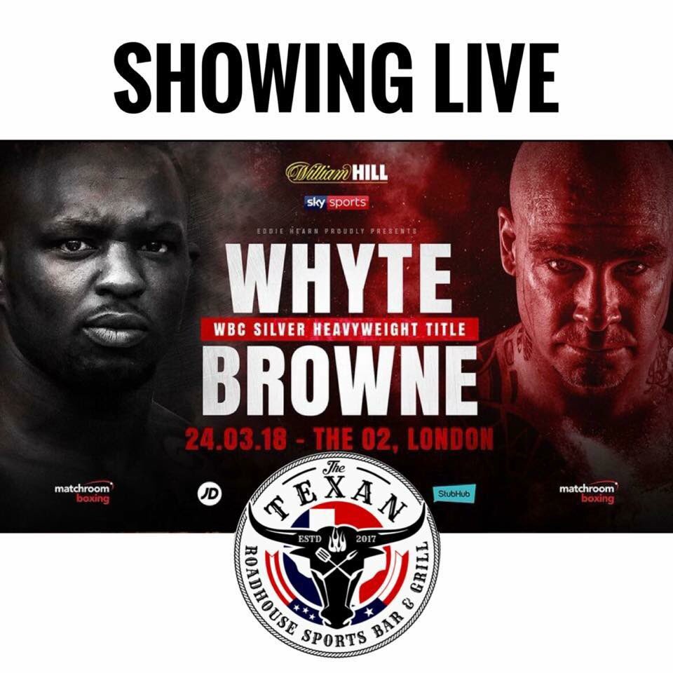 TexanRoadhouse's tweet photo. **It’s Fight Night at The Texan**
Whyte vs Browne SHOWING LIVE 🙌
Book your table NOW, it’s going to get busy!
#whytevbrowne #boxing #showinglive #birminghamuk https://t.co/qQYqHhVDdF