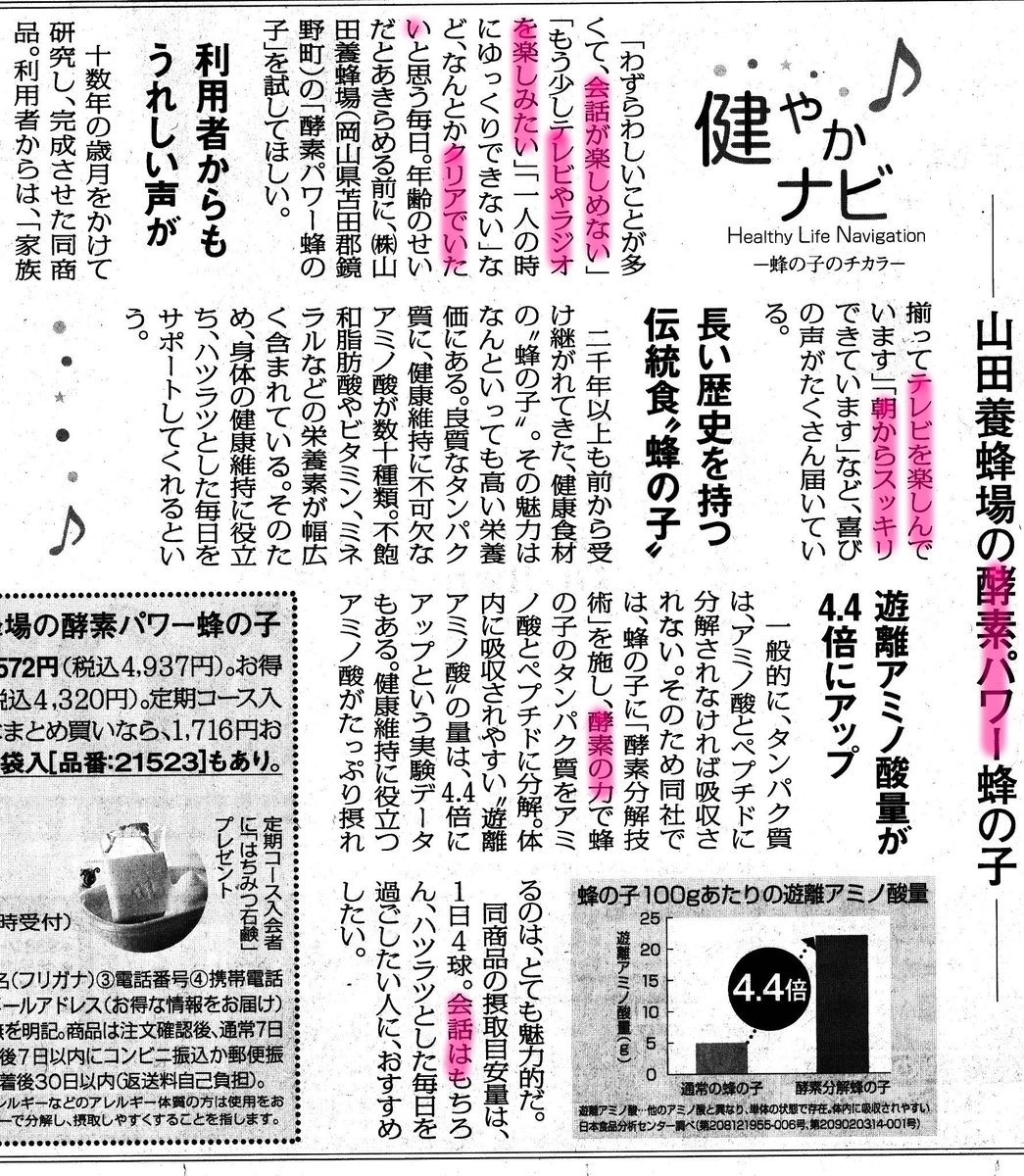 こなみひでお 山田養蜂場の新聞広告 どこにも難聴や耳鳴りに 効く とは書かれていない しかし散りばめられた会話を楽しみたい テレビやラジオを楽しみたい クリアでいたい 耳より情報 はそれらに悩む高齢者を惹きつける語句だ 酵素パワー にも こなみひでお 山田養蜂場の新聞広告 どこにも難聴や耳鳴りに 効く とは書かれていない しかし散りばめられた会話を楽しみたい テレビやラジオを楽しみたい クリアでいたい 耳より情報 はそれらに悩む高齢者を惹きつける語句だ 酵素パワー にも