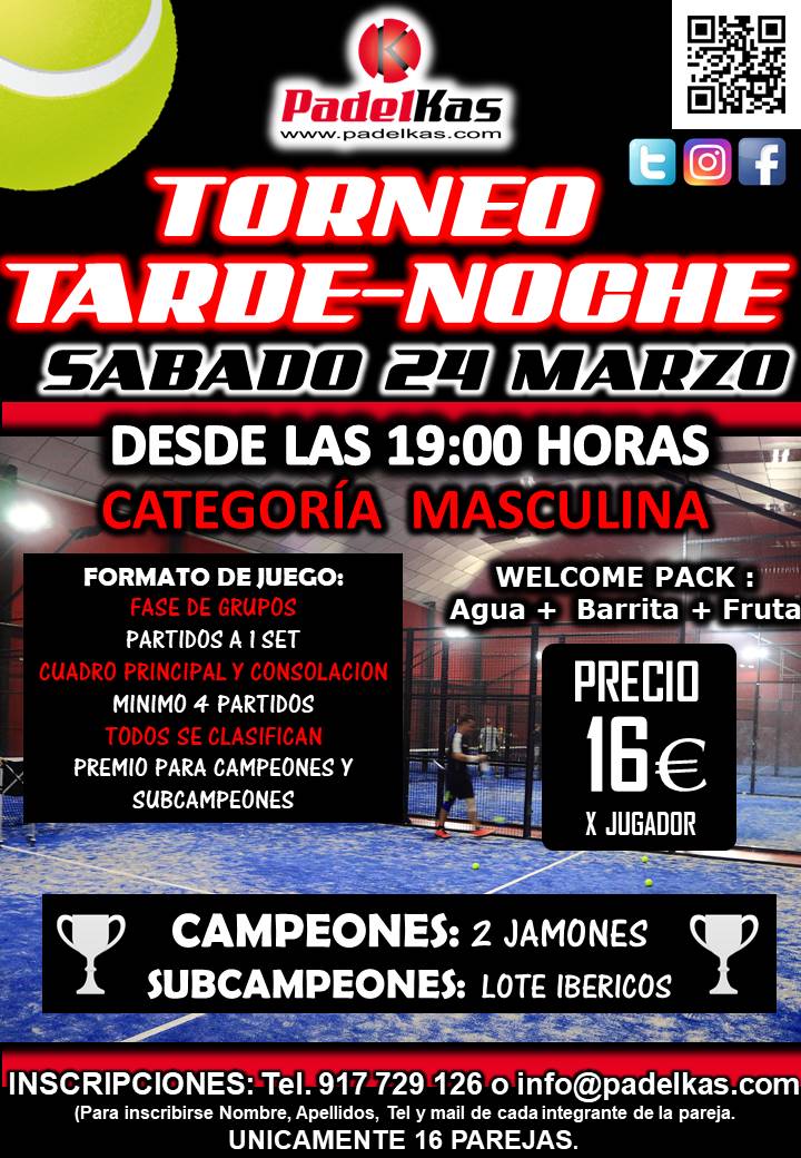 PadelKas's tweet photo. Todavía estas a tiempo!! ULTIMA PLAZA PARA EL TORNEO DE HOY A LAS 19.00 Horas!! Inscirbete llamando al 917 729 126 o manda un mail a info@padelkas.com https://t.co/nPcupqPq0Z