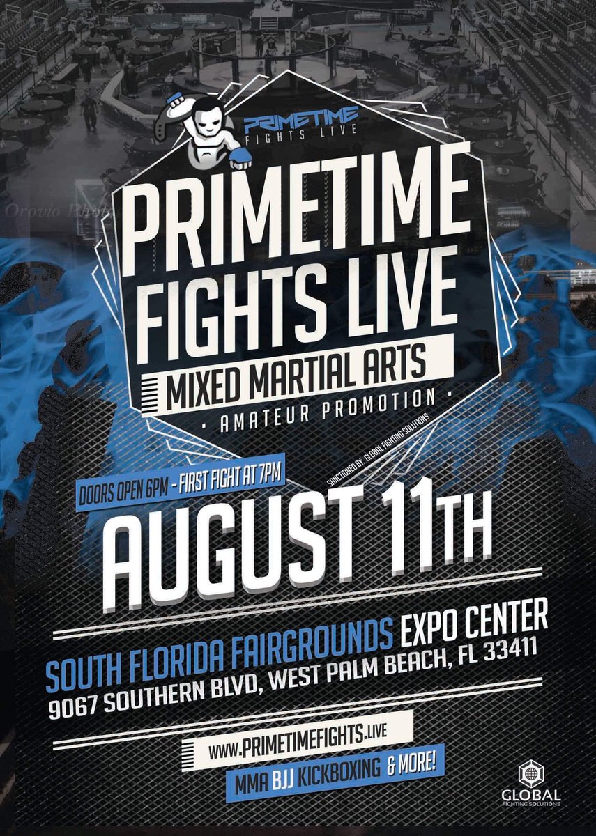 battleparkfight's tweet photo. Primetime Fights Live is proud to announce we are going Live on Aug 11, 2018 from the South Florida Fairgrounds Expo Center. Come out and enjoy a night of MMA with your family &amp; Friends. Visit us @Primetimefights.live for fighter info. #PrimetimeFightsLive #Aug11 #SFLFairgrounds https://t.co/WfgkzR7X3Z