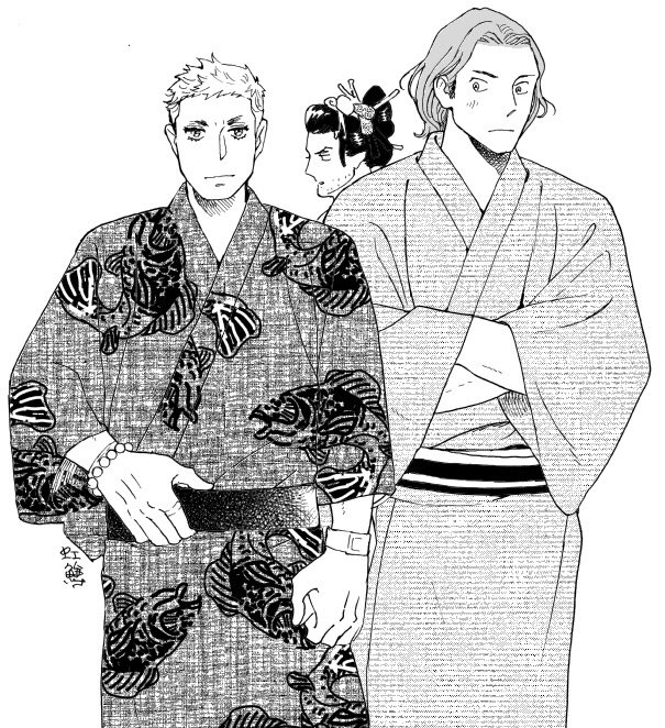 羽根がぼろぼろしてるキャスの絵とお着物ウィンチェスター(とキャス)の絵です。 
