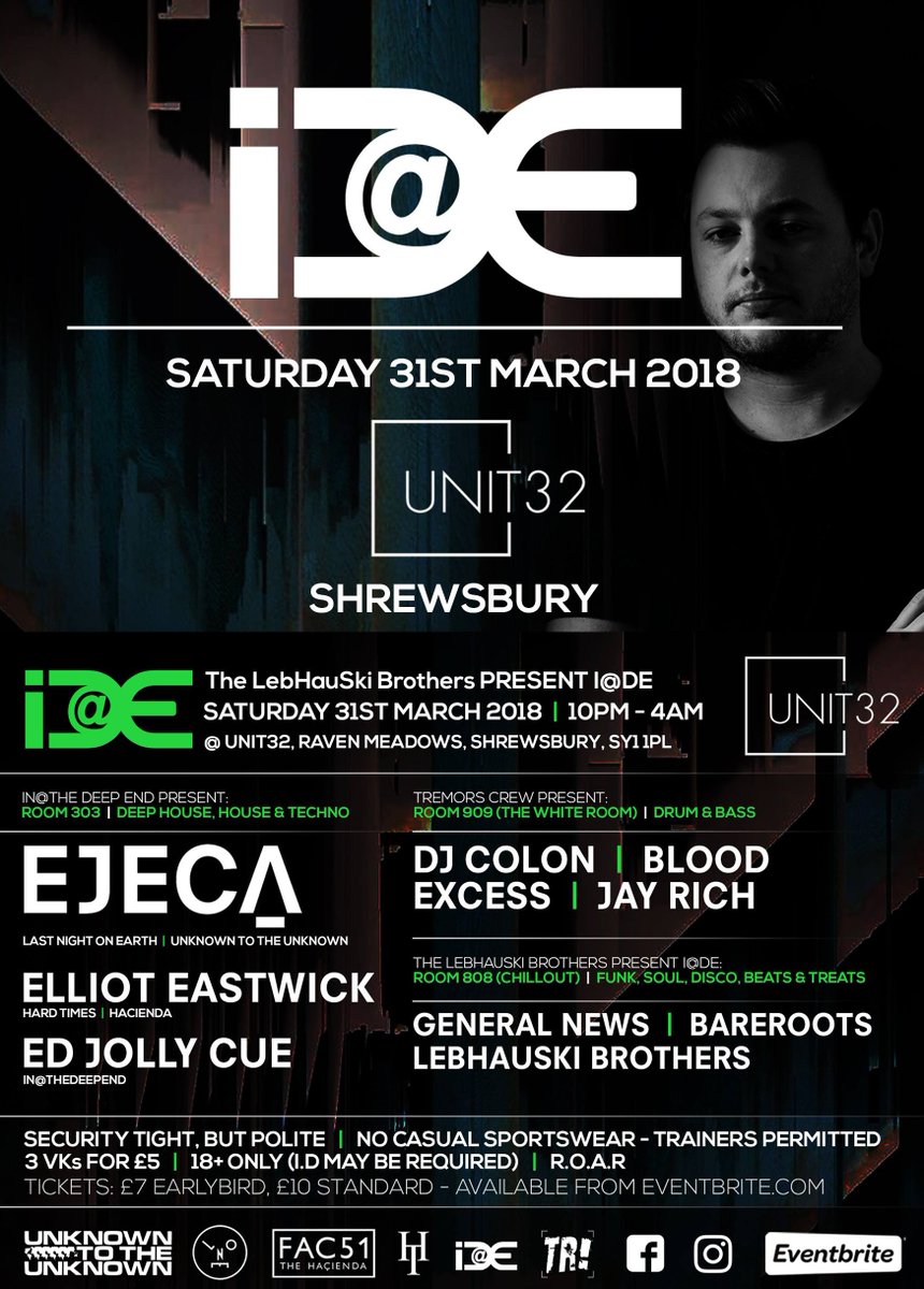 Unit32venue's tweet photo. Probably should shout about this... @_ejeca and @InAtTheDeepEnd1 in #shrewsbury @Unit32venue March 31st 2018 - #house #beats and #techno treats! https://t.co/jf2GeCfbFU