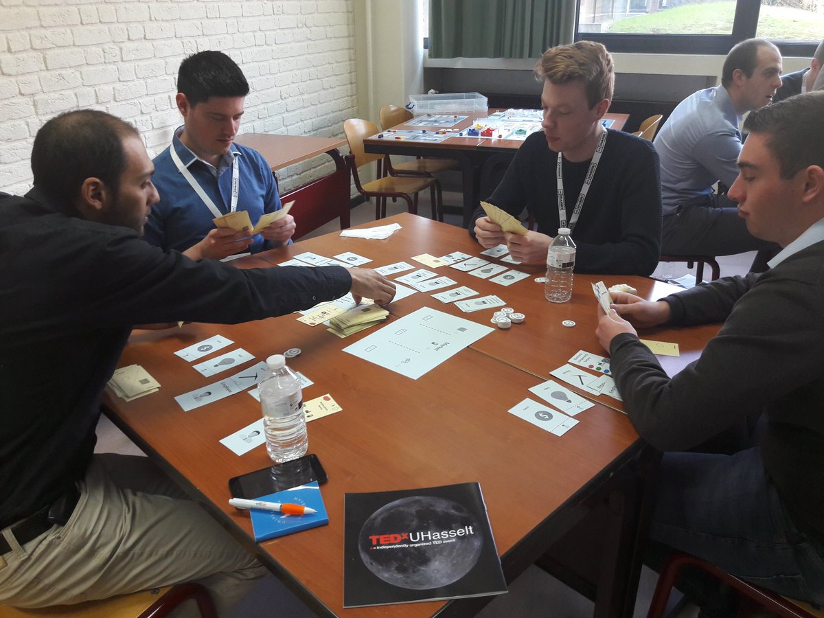 bartdooms's tweet photo. The @VITObelgium @EITRawMaterials #RiskAndRace game in full action during @TEDxUHasselt workshop. 32 people discovery #circulareconomy while playing a card game. #tech4CE https://t.co/xQQk3bnJUi