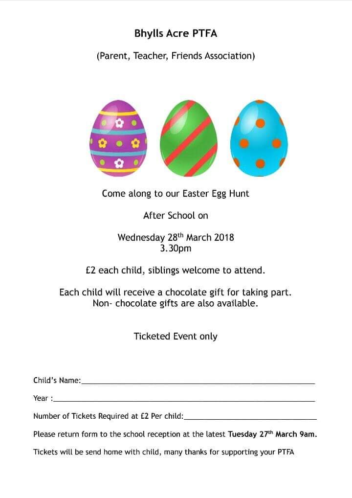 🐰🐣🐰🐣🐰🐣🐰🐣🐰🐣🐰🐣🐰🐣
Come and join us for our Easter Egg Hunt.
Wednesday 28th March
3.30pm -4.30pm
(Please allow the school area to clear of children who are unable to attend the event) Thank you
🐰🐣🐰🐣🐰🐣🐰🐣🐰🐣🐰🐣🐰🐣