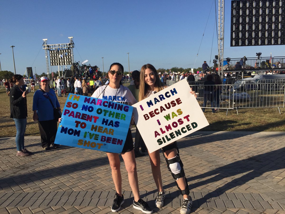 Stoneman Douglas junior Samantha Mayor, 17, was shot in the knee during shooting rampage on Feb. 14. Here she is with mom Ellyn at #MarchForOurLives in Parkland.