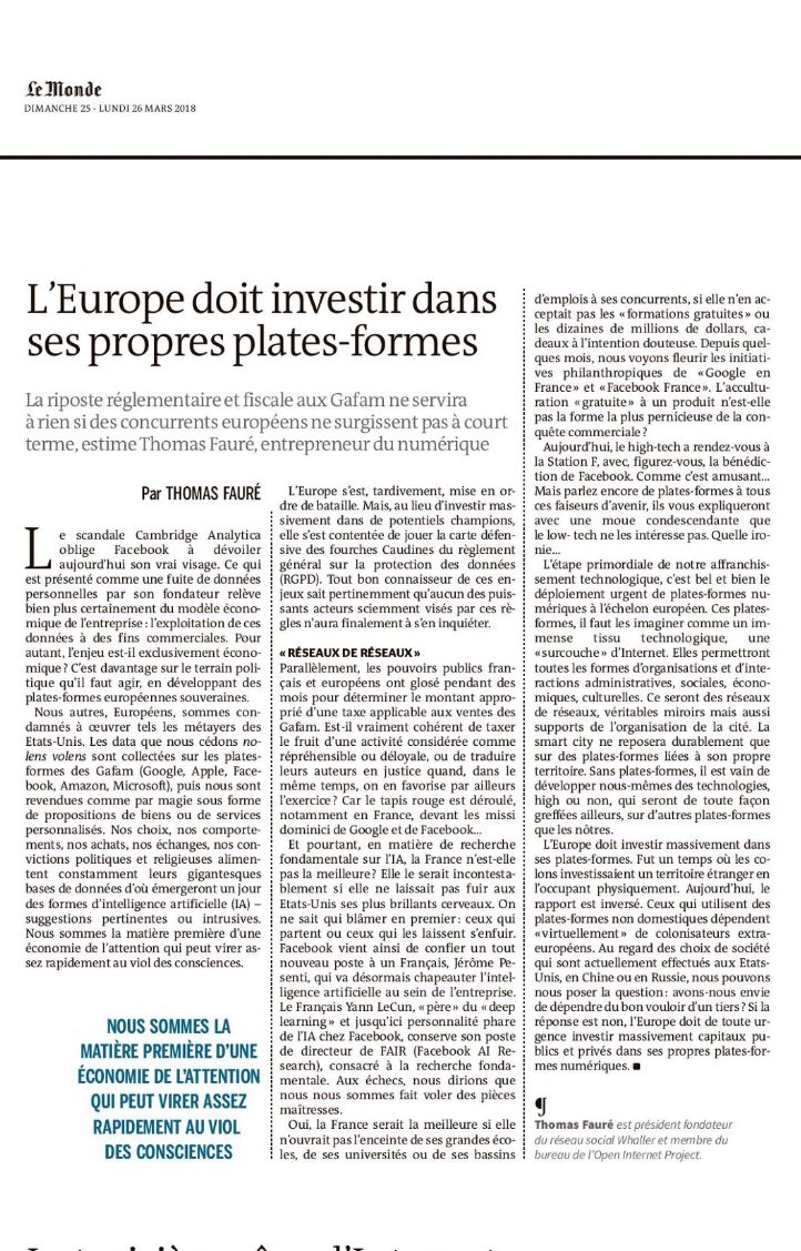 Découvrez ma tribune publiée dans <a href="/lemondefr/">Le Monde</a>, un appel au gouvernement et aux investisseurs privés à « risquer » de parier sur l’émergence de plateformes européennes comme <a href="/Qwant_FR/">Qwant</a> <a href="/whaller_fr/">Whaller</a>