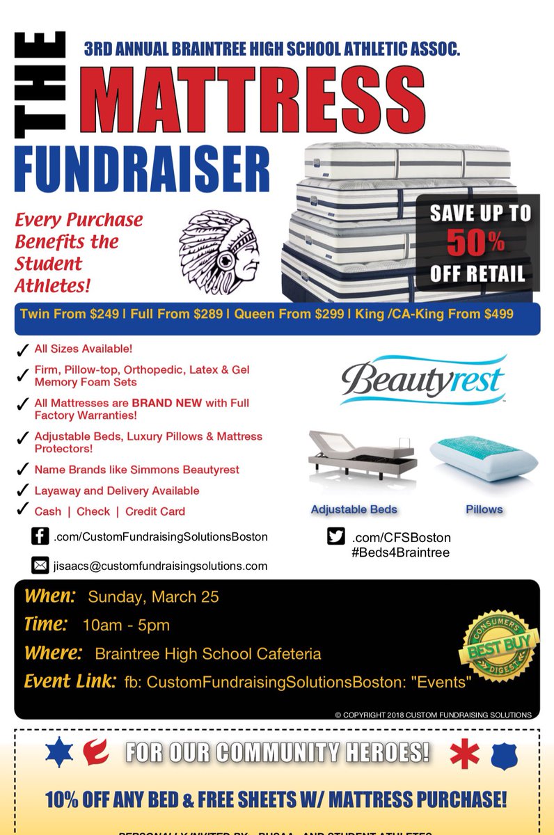 Braintree Public Safety members receive an additional 10% off a mattress purchase and a free set of sheets. Thank you for protecting our Town!
