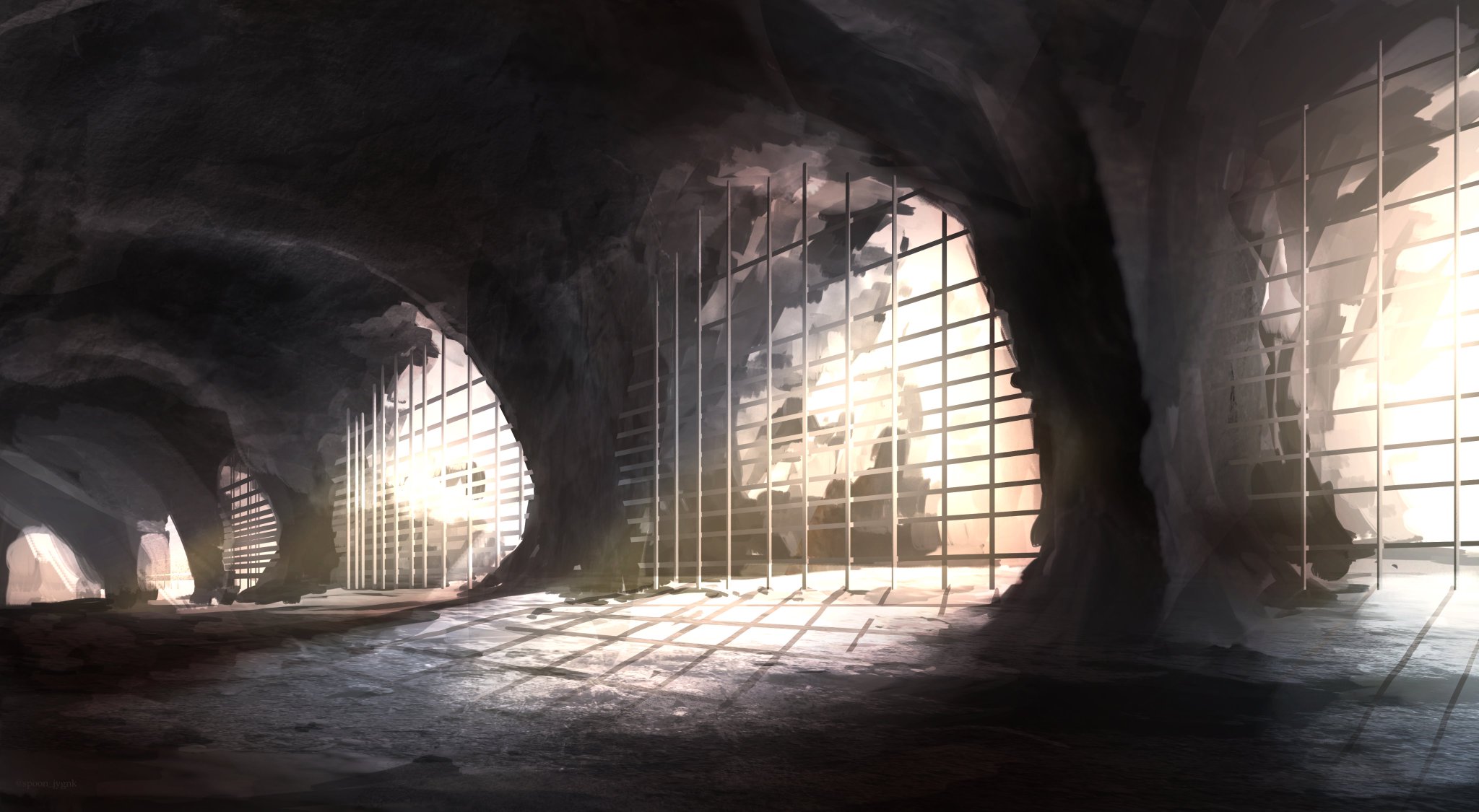 Twitter पर Spoon 背景版深夜の真剣お絵描き60分一本勝負 お題 牢獄 元々あったトンネルを再利用して作られた地下の牢獄