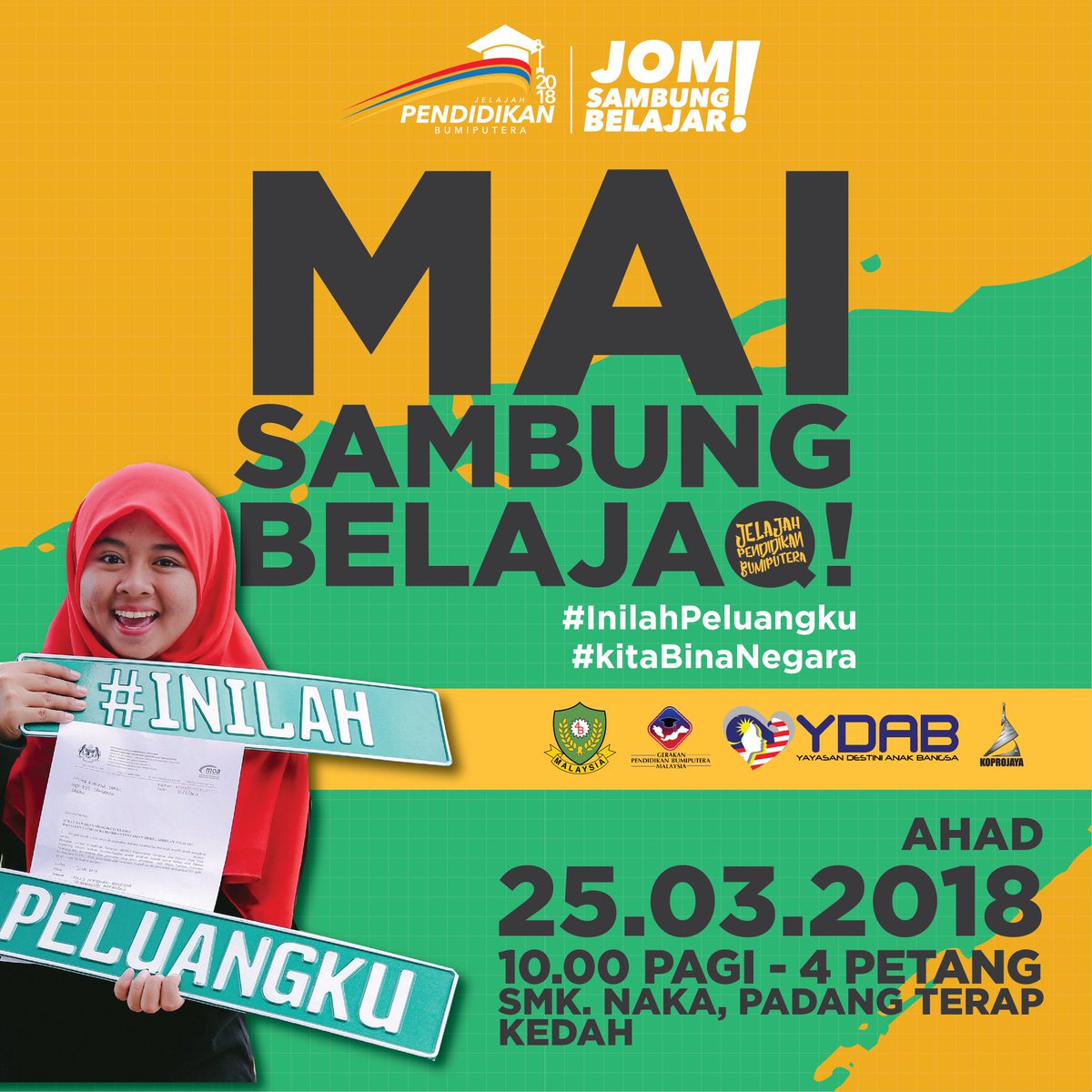 JelajahPB's tweet photo. Salam orang Kedah. Busy ka? Dengar sini sat 💥

JPB 2018 dah mai Padang Terap. Jangan lupa temu janji kita esok (Ahad) di SMK Naka. 

JUMPA KORANG DISANA 😊

#InilahPeluangku
#jelajahpb2018
#JomSambungBelajar
#kitaBinaNegara
#PadangTerapKedah https://t.co/Y7PsAsdQKf
