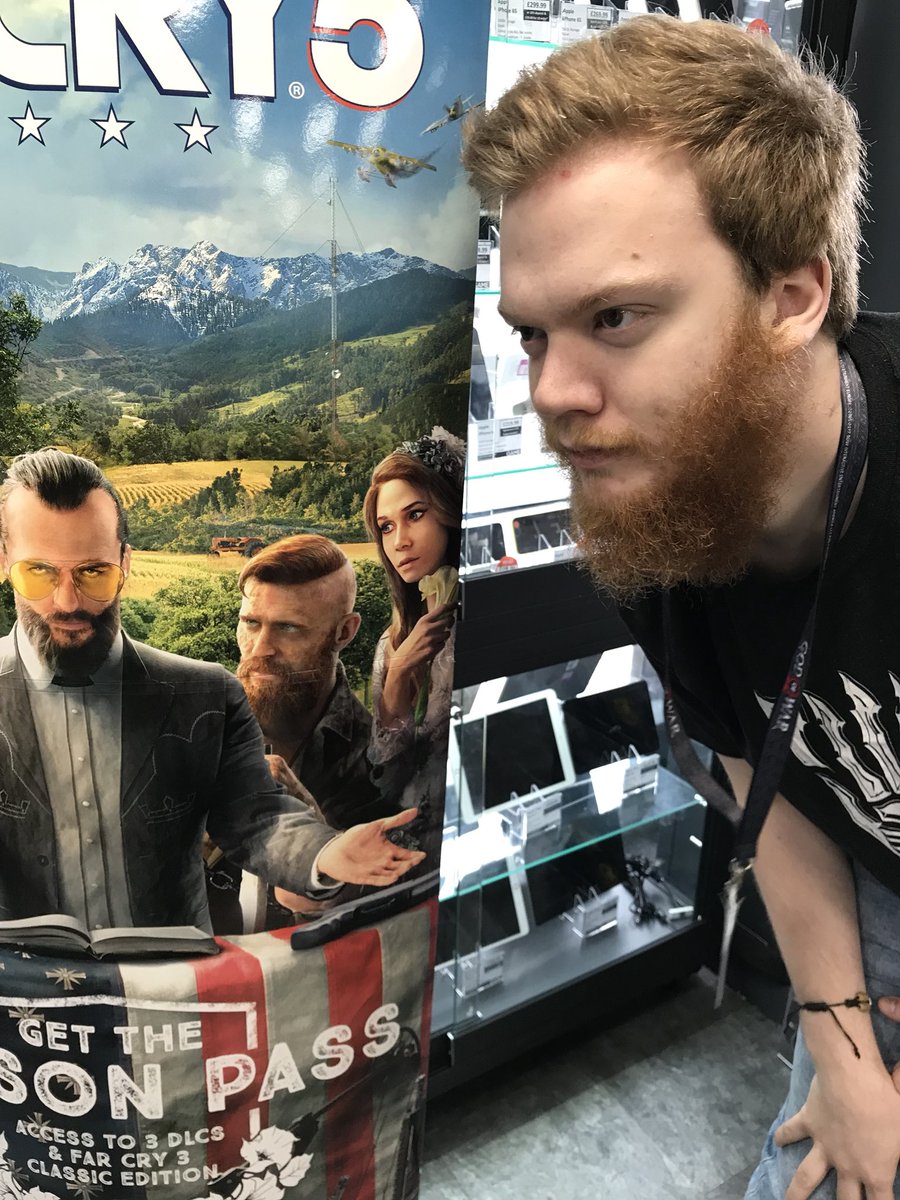 GAMEYork's tweet photo. So Rob says if we can get 1,000 likes before our midnight launch for #FarCry5 he will shave his head to look like the guy on the standee 😀

👍🏻 don’t let us down twitter world! We could have a head shaving at our midnight 😵😵😵 https://t.co/8miRF8RkgM