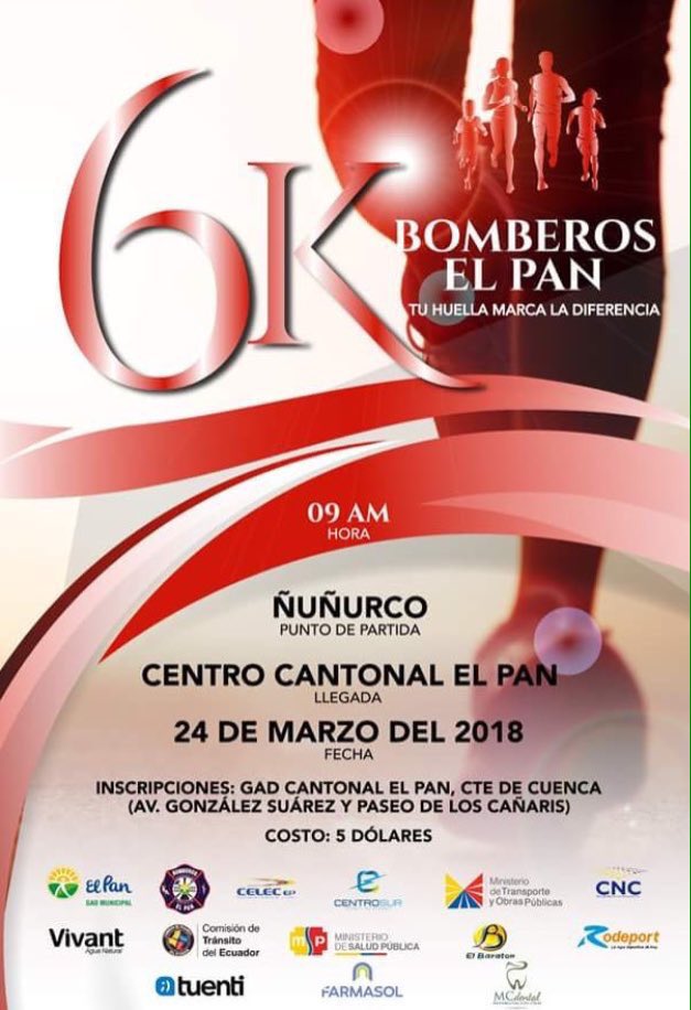 Buenos días #Azuay y @munielpan se aproxima la hora cero, la carrera  #BomberosElPan6k, tu huella marca la diferencia, inicia en pocos minutos más. Todos unidos por la familia y la vida. ¡Viva El Pan!